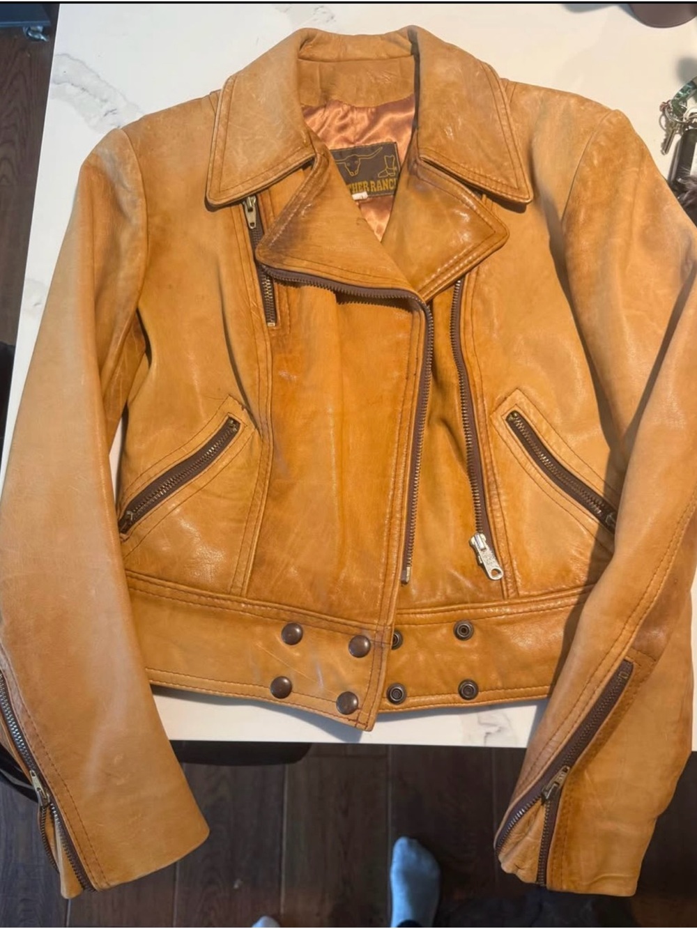 Classic Tan Leather Moto Jacket with Zip Details